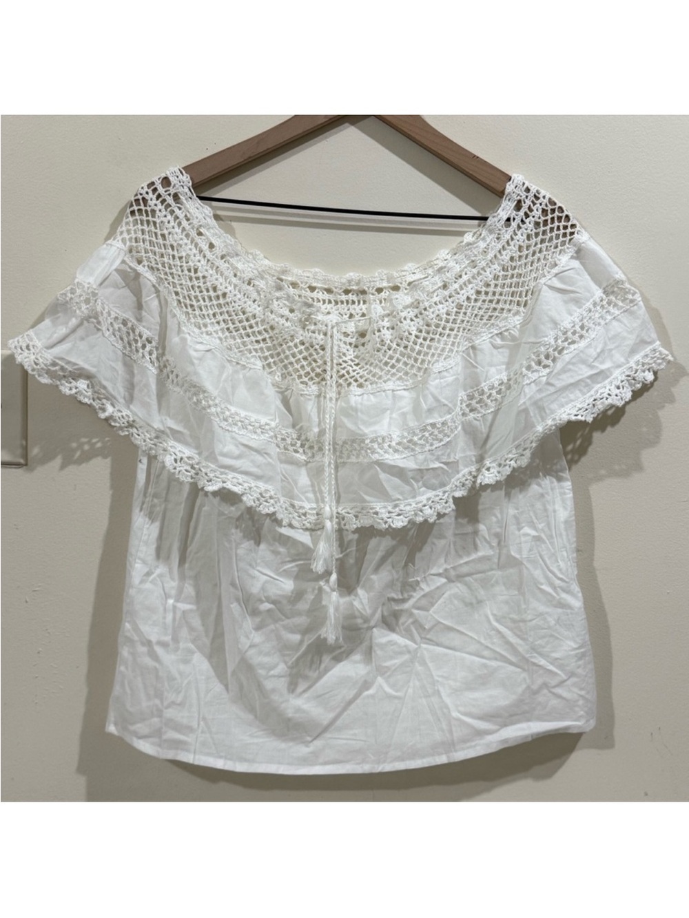 Jen's Pirate Booty White Crochet Yoke Off-Shoulder Blouse